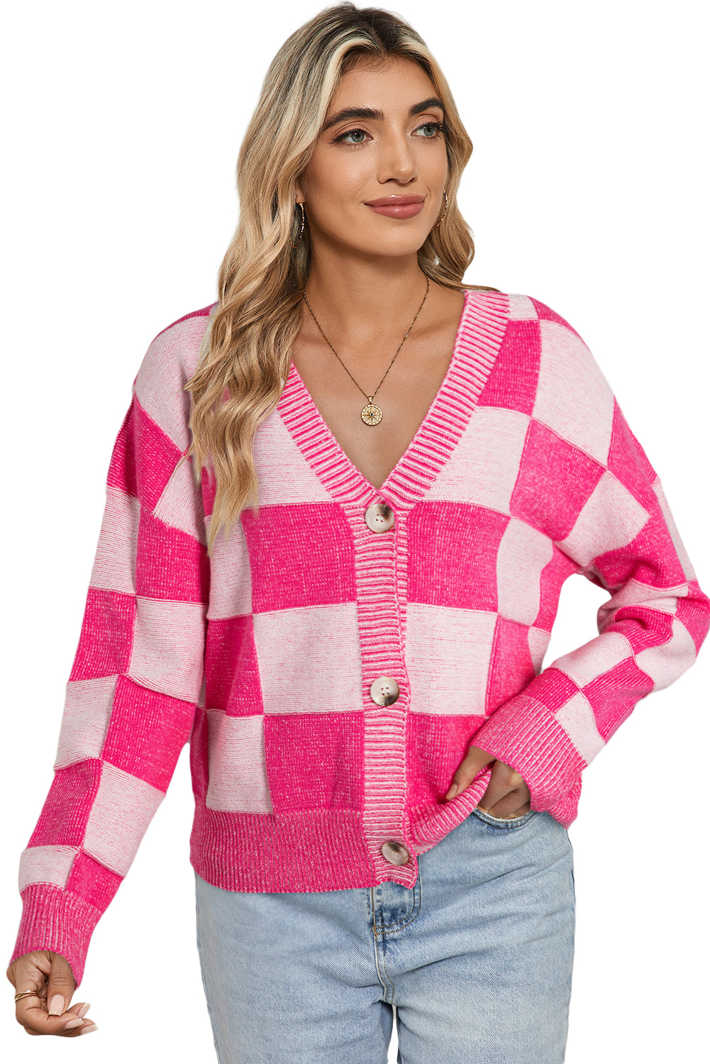 Orange Checkered Buttoned V Neck Drop Shoulder Cardigan