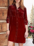 High-Low Button Up Long Sleeve Knee Length Dress - PD SECRET REALM