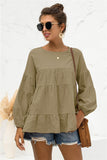 Round Neck Bubble Sleeve Tiered Blouse - PD SECRET REALM