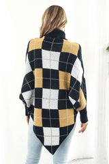 Plaid Turtleneck Dolman Sleeve Poncho