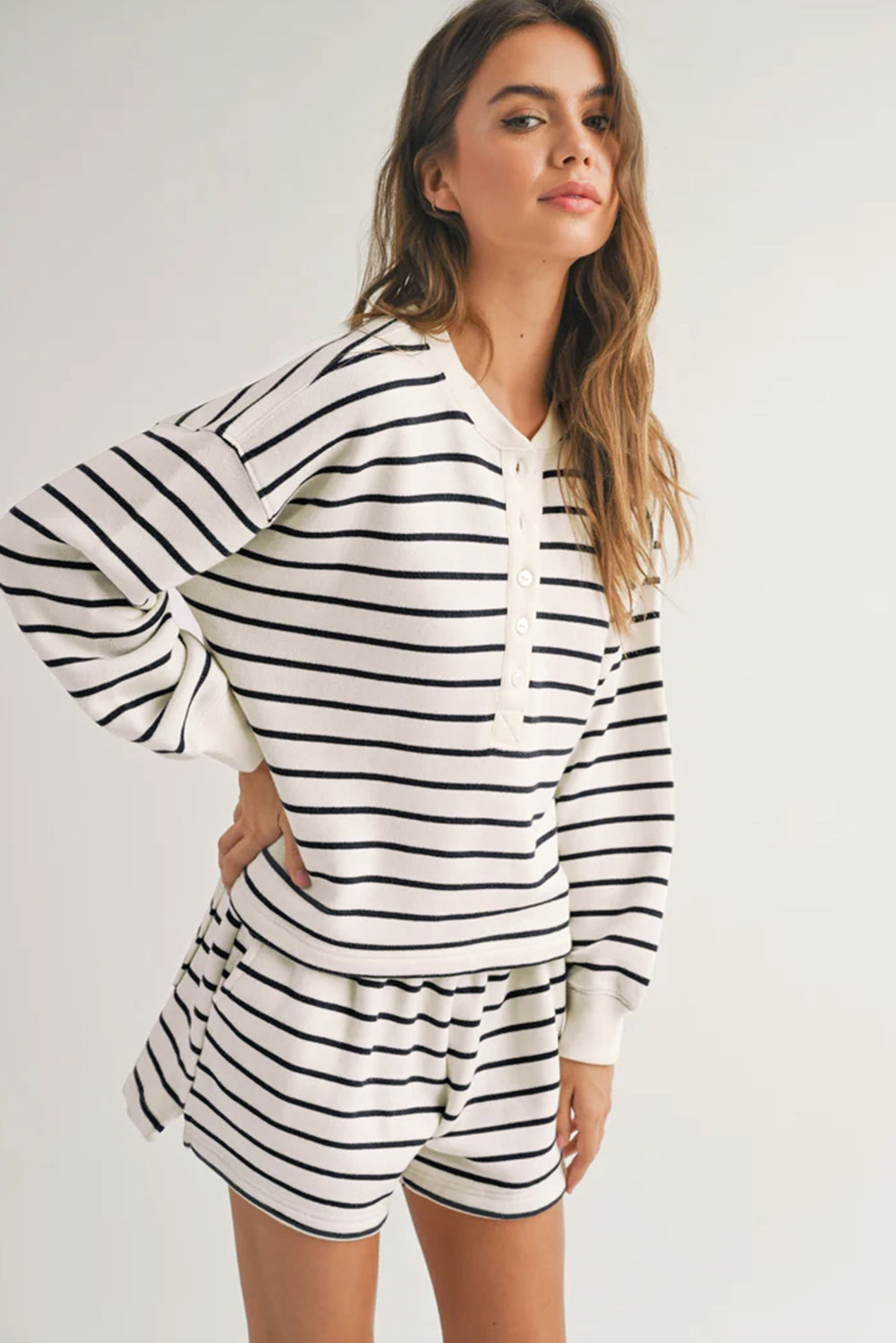 Black White Striped Henley Pullover and Shorts Set