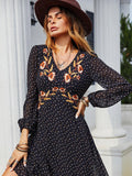 Embroidered V-Neck Long Sleeve Dress - PD SECRET REALM