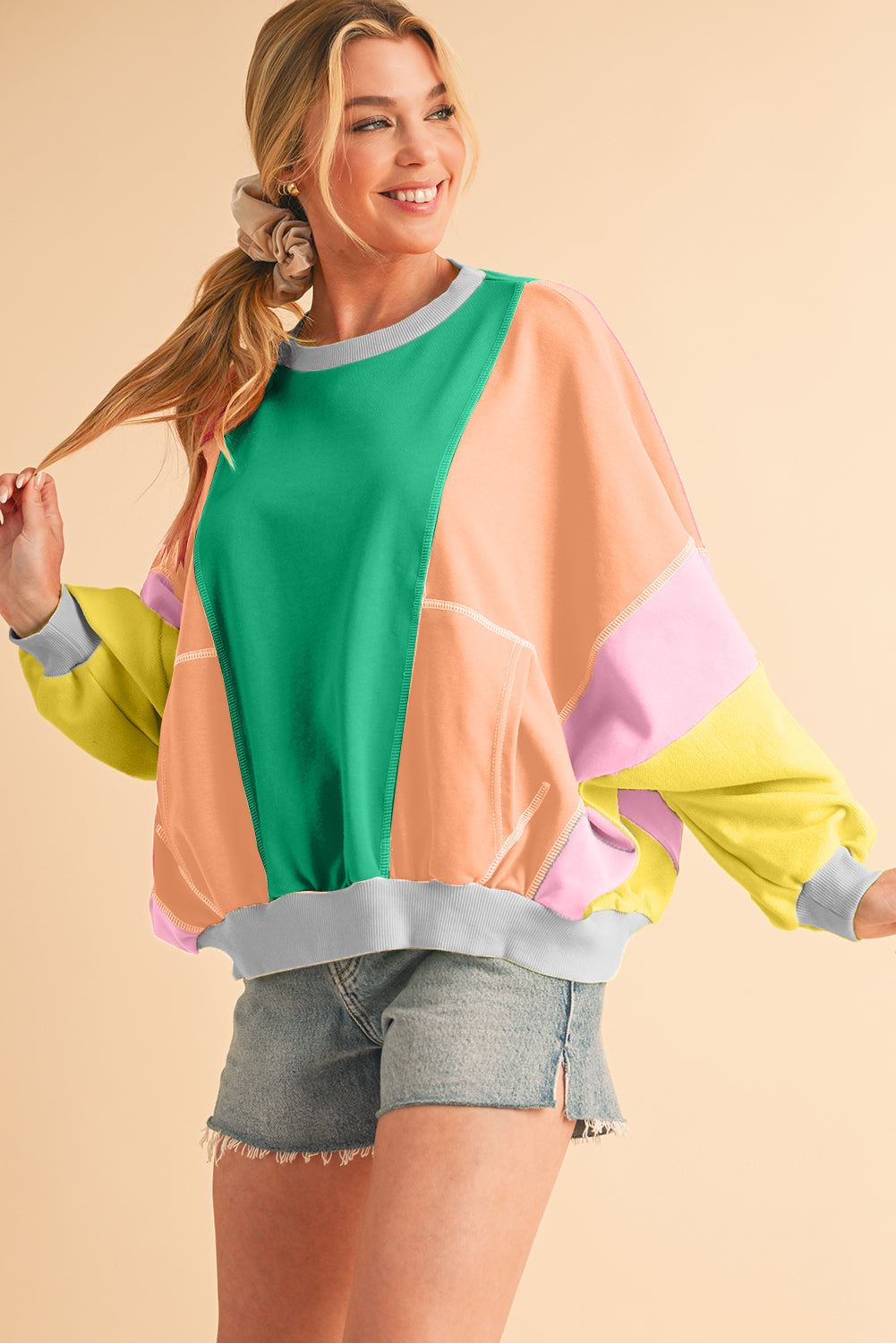 Orchid Petal Colorblock Patchwork Drop Shoulder Top