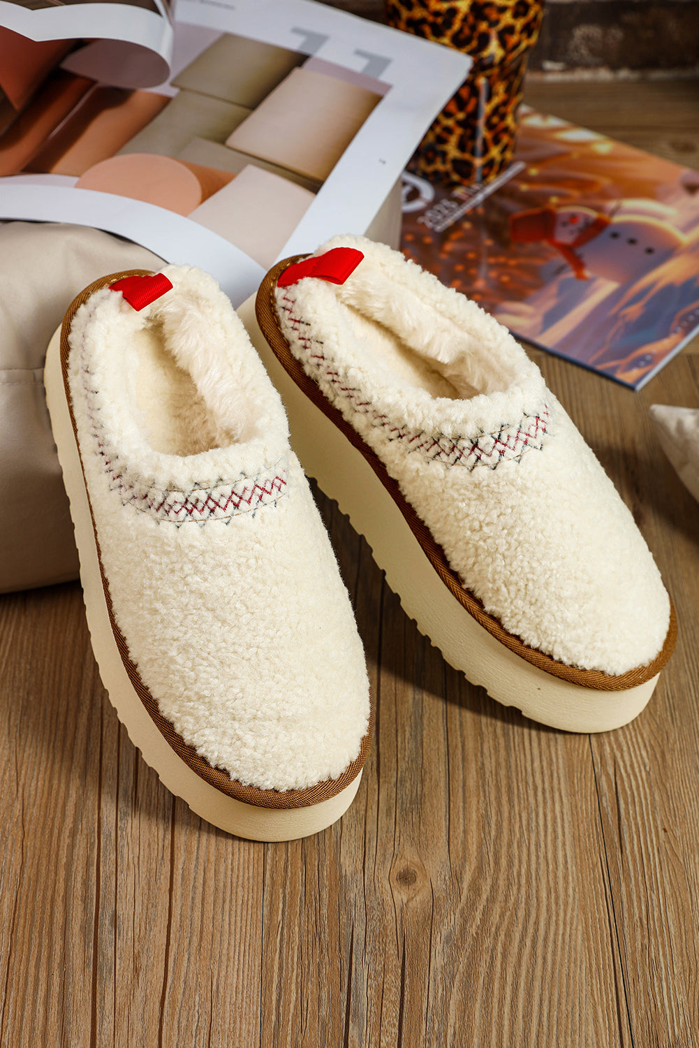 Oatmeal Suede Contrast Plush Thick Sole Slippers