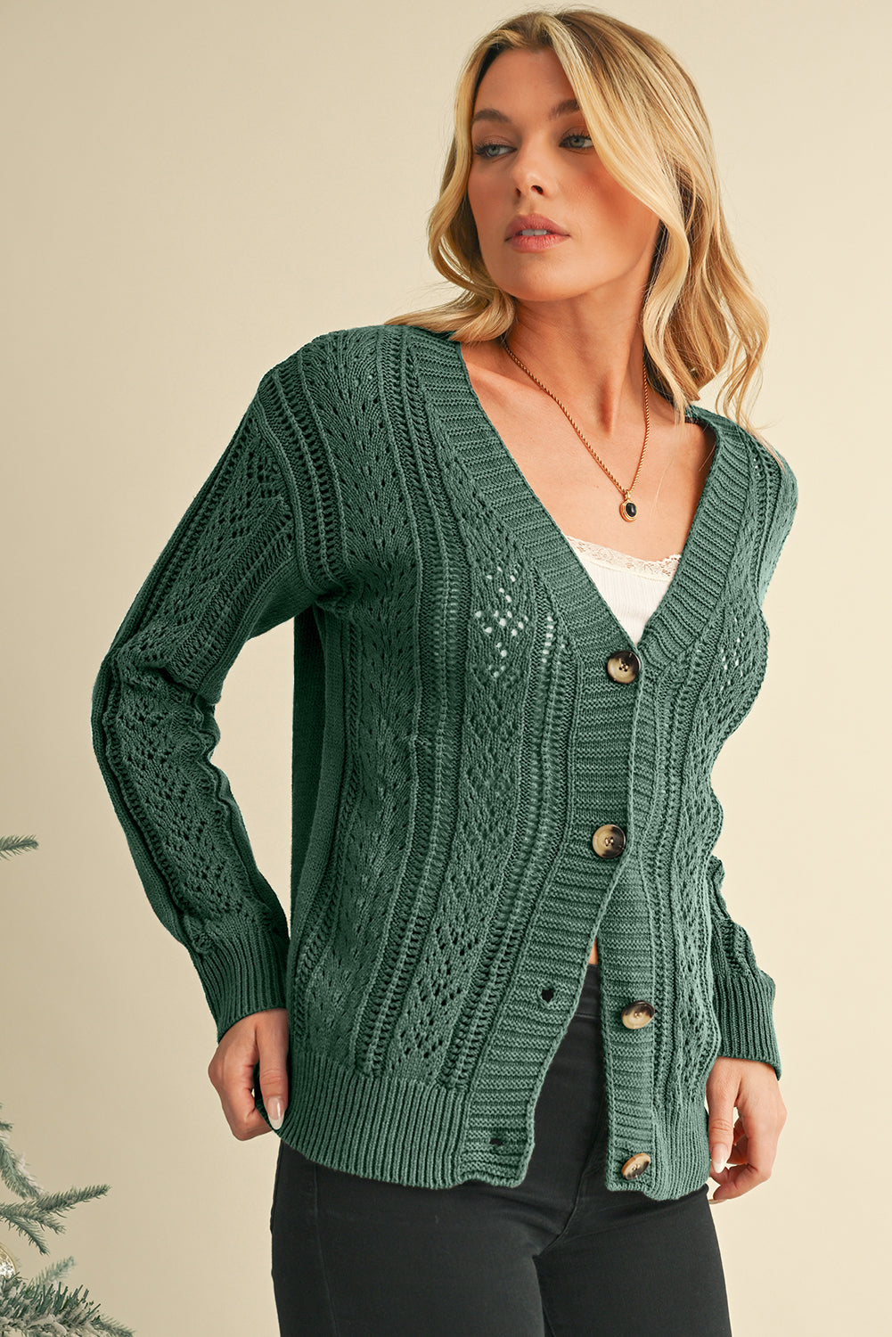 Green Hollow Knit Drop Shoulder Cardigan