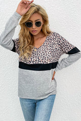 Perfee Leopard Color Block V-Neck Long Sleeve Top