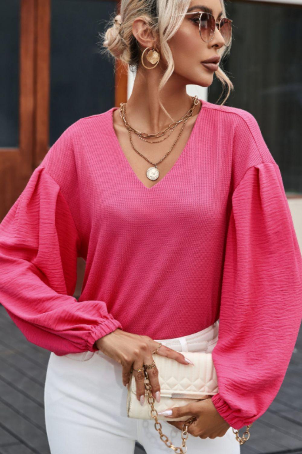 Waffle-Knit V-Neck Long Sleeve Blouse - PD SECRET REALM