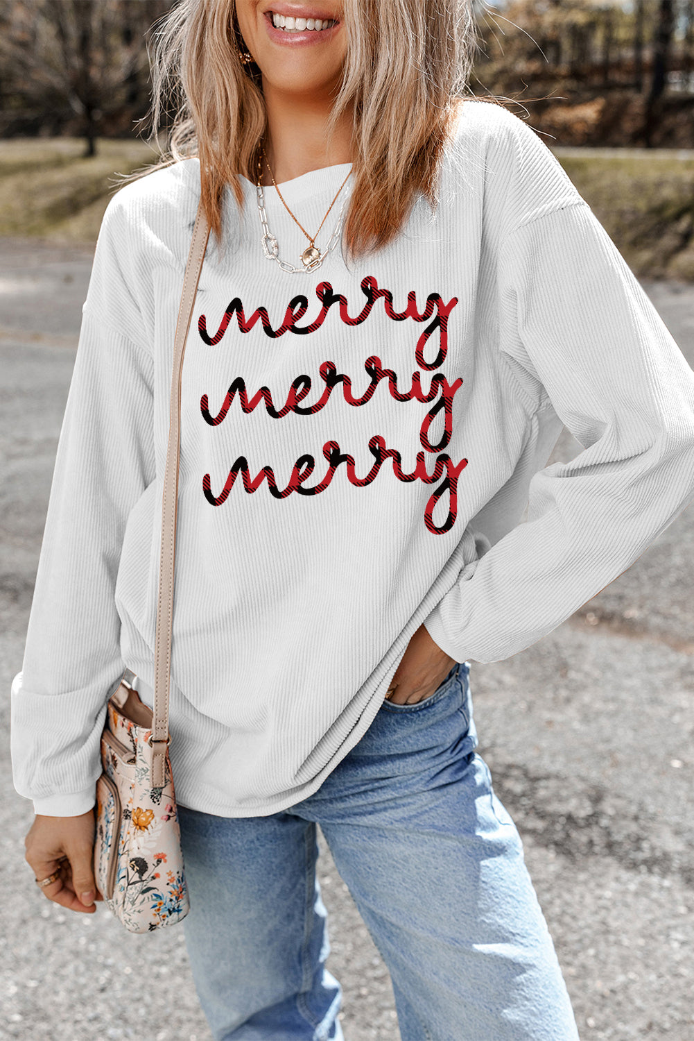 White Merry Printed Crewneck Ribbed Christmas Sweatshirt