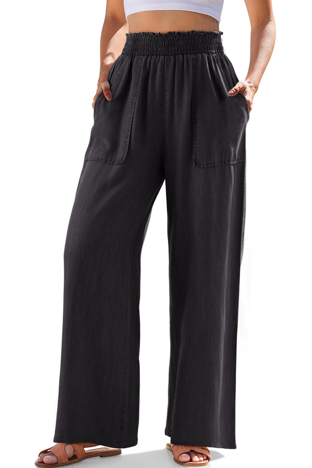 Black Side Pockets Frilled Smocked High Waist Wide Leg Jeans