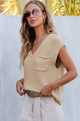 Pocketed V-Neck Cap Sleeve Sweater