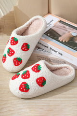 Bright White Cute Fuzzy Strawberry Pattern Winter Slippers