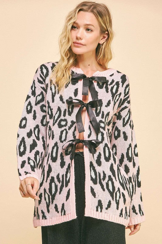 Davi & Dani Leopard Ribbon Tie Front Loose Fit Cardigan