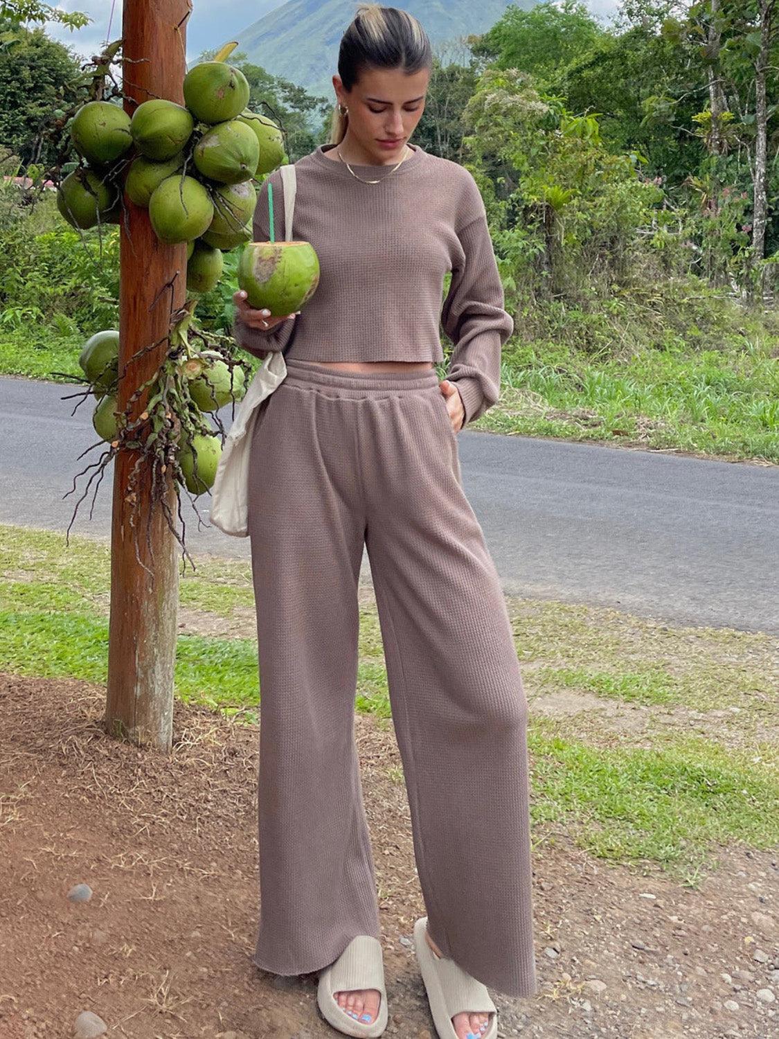 Waffle-Knit Round Neck Top and Pants Set - PD SECRET REALM