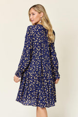 Full Size Printed Ruffle Hem Long Sleeve Tiered Dress