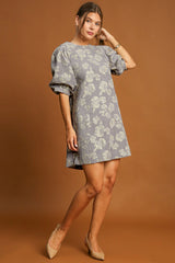 Floral Jacquard Puff Sleeve Mini Dress