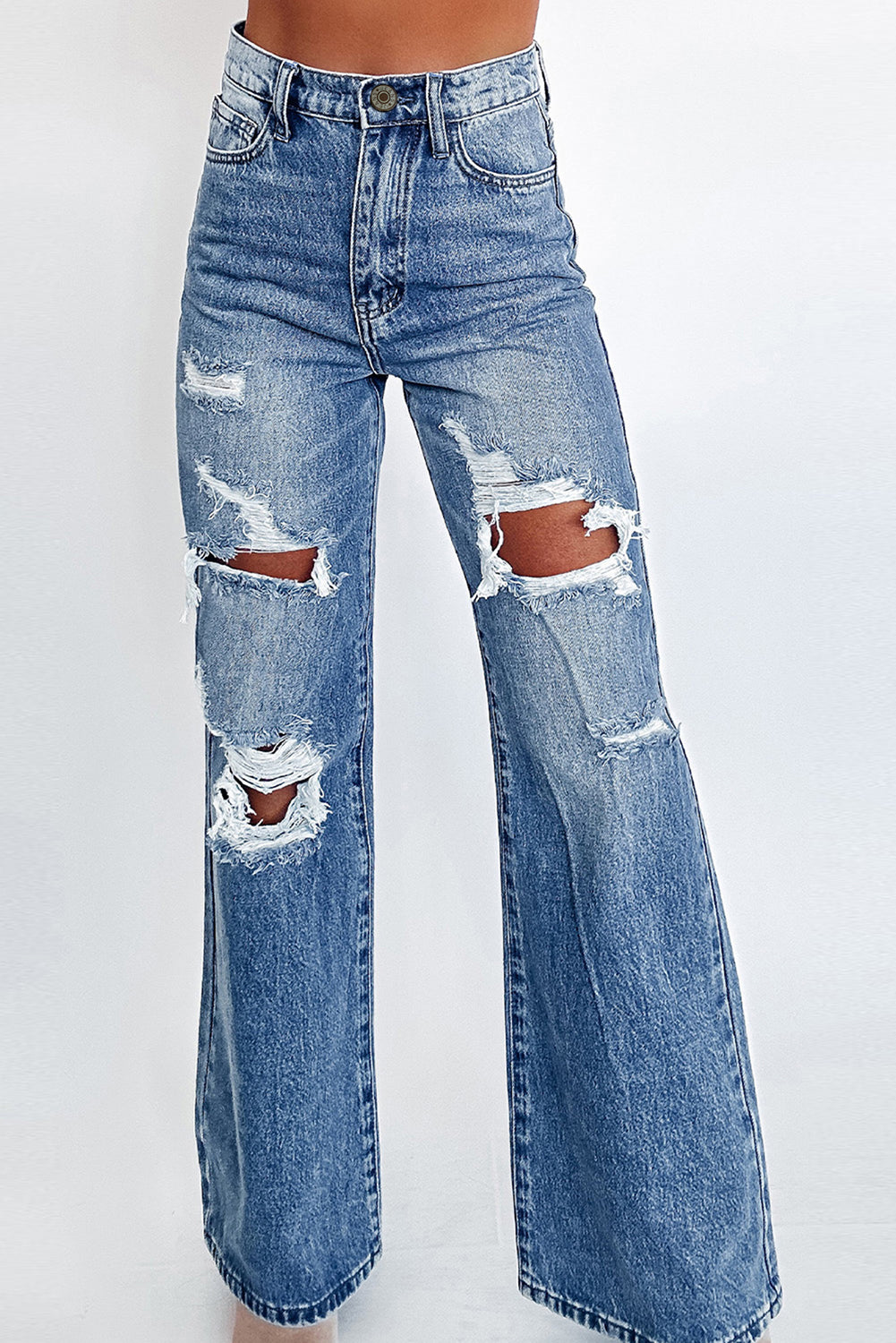 Blue Acid Wash Distressed Wide Leg High Waist Jeans