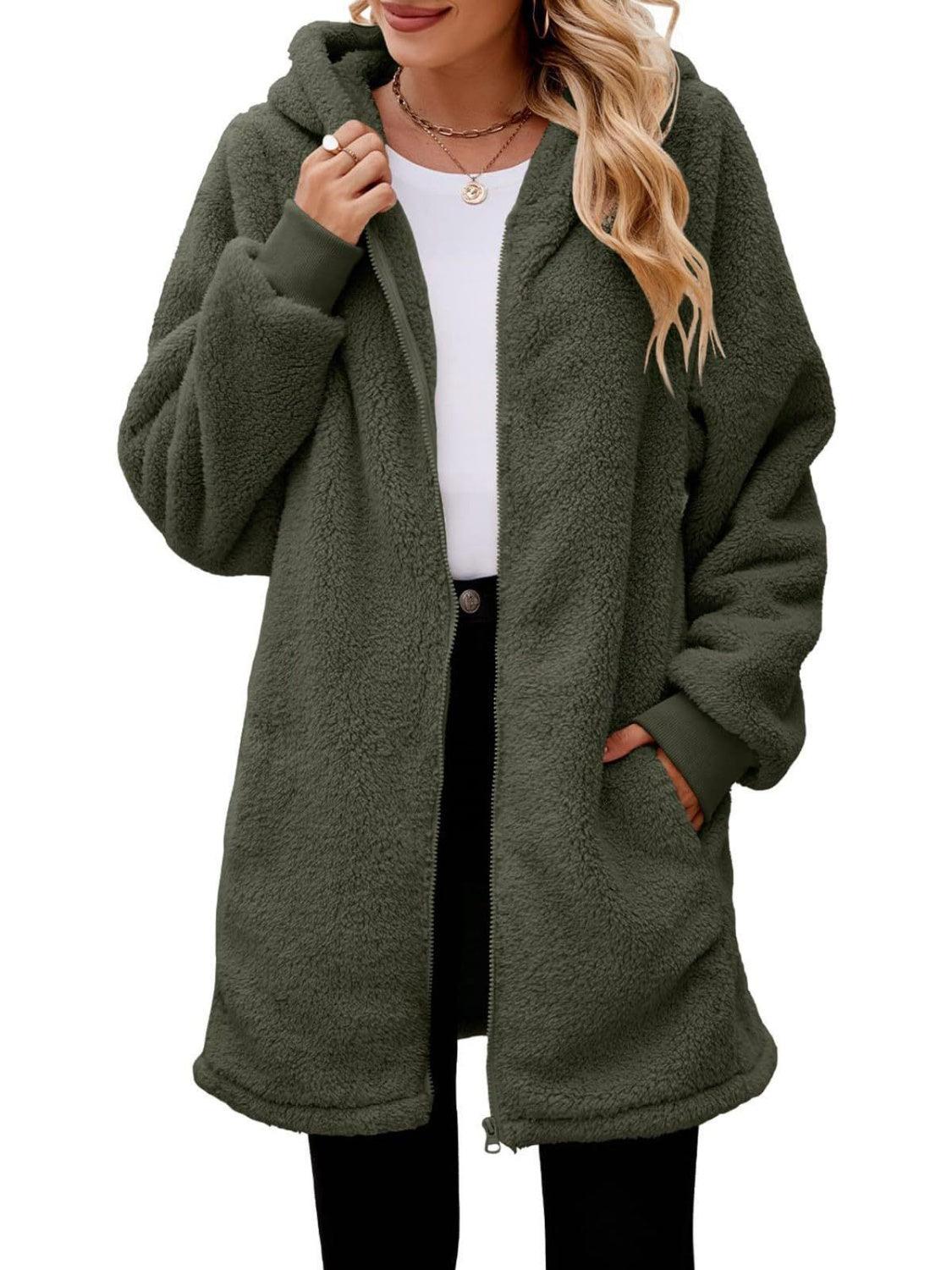 Fuzzy Pocketed Zip Up Long Sleeve Hooded Jacket - PD SECRET REALM