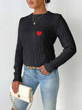 Cable-Knit Heart Round Neck Long Sleeve Sweater - PD SECRET REALM