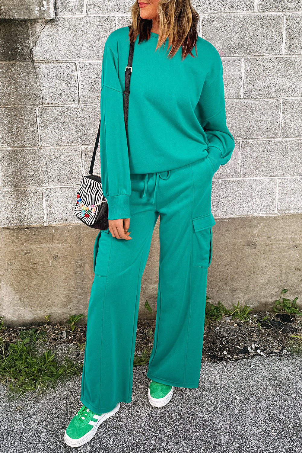 Lapis Mineral Wash Pullover and Wide Leg Cargo Pants Set