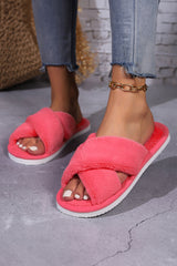 Rose Red Criss Cross Open Toe Fuzzy Slippers