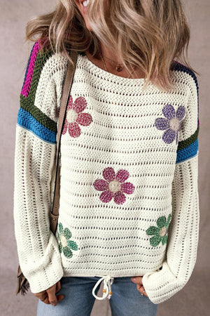 Flower Round Neck Long Sleeve Sweater - PD SECRET REALM