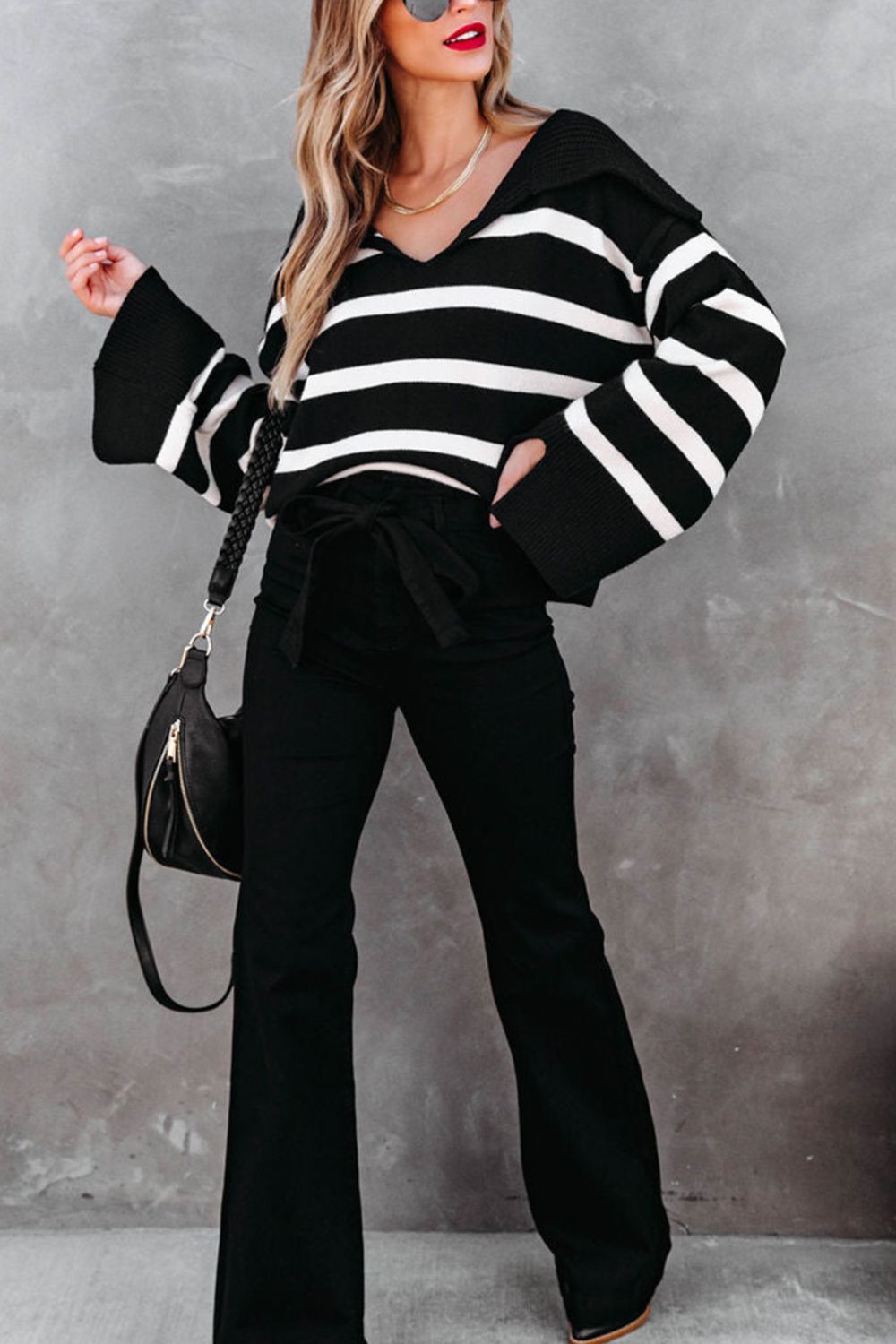 Striped Jnny Collar Long Sleeve Sweater