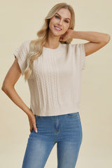 Full Size Cable-Knit Round Neck Short Sleeve Sweater