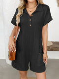 Button Detail Collared Neck Short Sleeve Romper - PD SECRET REALM