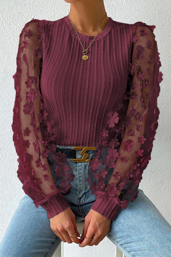 Textured Applique Long Sleeve Blouse