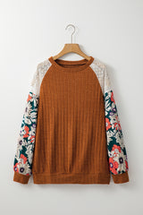 Laurel Green Floral Patchwork Raglan Sleeve Ribbed Blouse