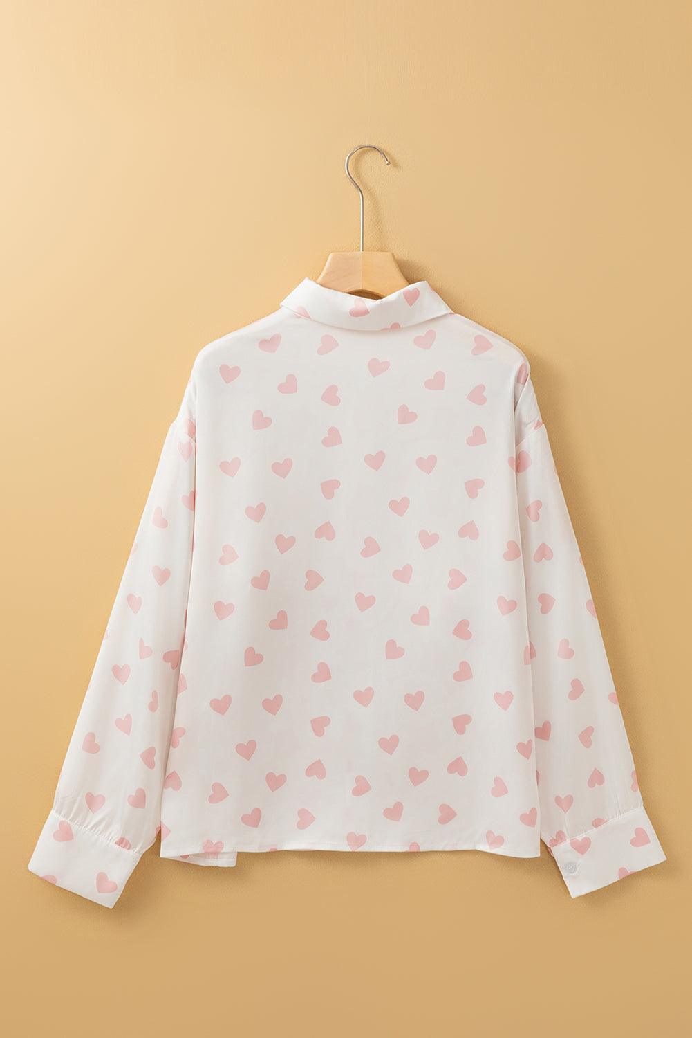 Heart Print Collared Neck Long Sleeve Shirt - PD SECRET REALM