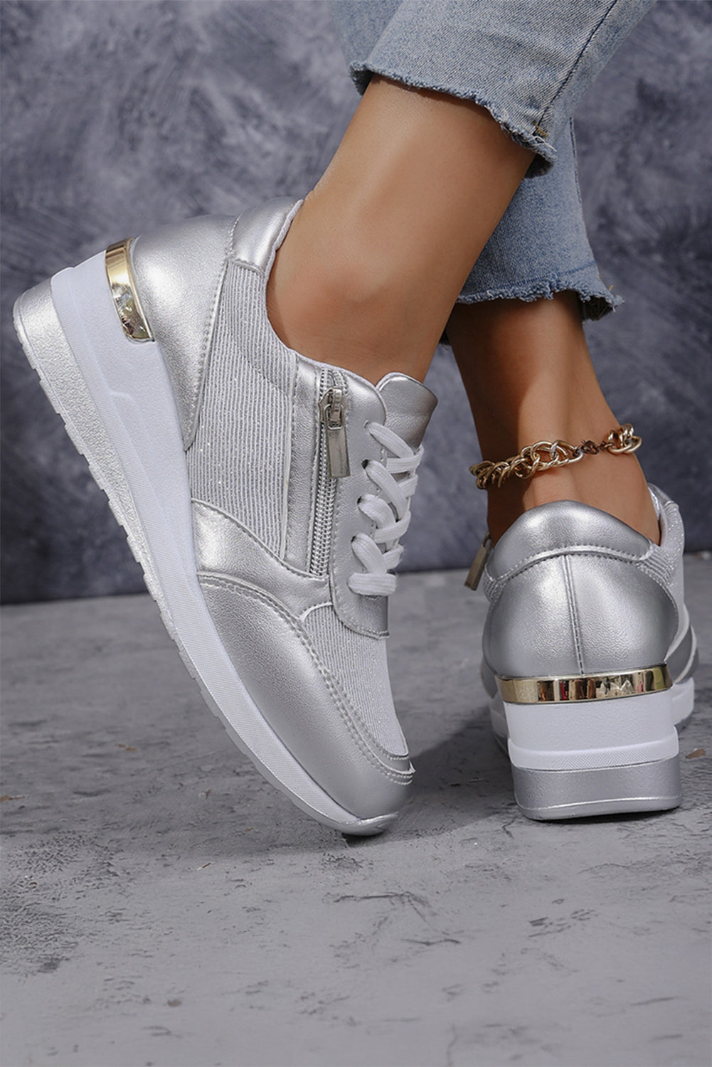 Silvery PU Leather Patchwork Zipper Lace-up Sneakers