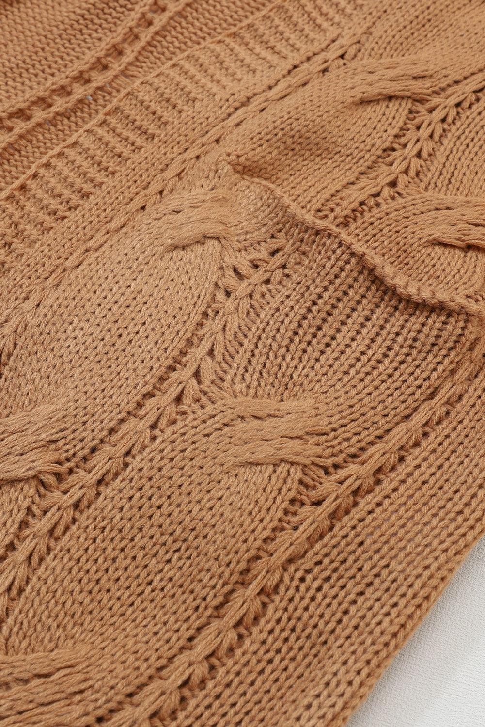 Khaki Ribbed Trim Hollow Knit Side Slits Cardigan