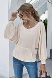 Boat Neck Waffle-Knit Lantern Sleeve Blouse with Pocket - PD SECRET REALM