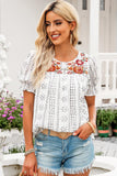 Embroidered Round Neck Flounce Sleeve Blouse - PD SECRET REALM