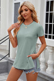 Eyelet Slit Round Neck Short Sleeve T-Shirt - PD SECRET REALM