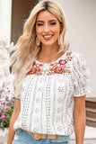 Embroidered Round Neck Flounce Sleeve Blouse - PD SECRET REALM