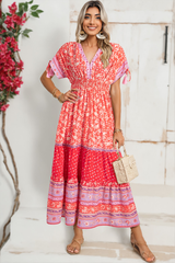 Red Boho Floral Tassel Tie Sleeve Maxi Dress