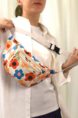 Khaki Colorful Flower Printed Rib Textured Waist Belt Bag