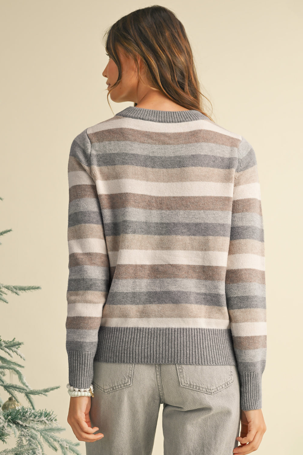 Gray Striped Ribbed Edge Round Neck Sweater