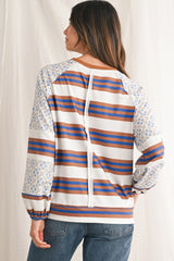 White Striped Floral Patchwork Lantern Sleeve Top