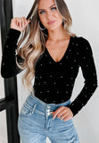 Pearl Detail Velvet V-Neck Long Sleeve Bodysuit - PD SECRET REALM