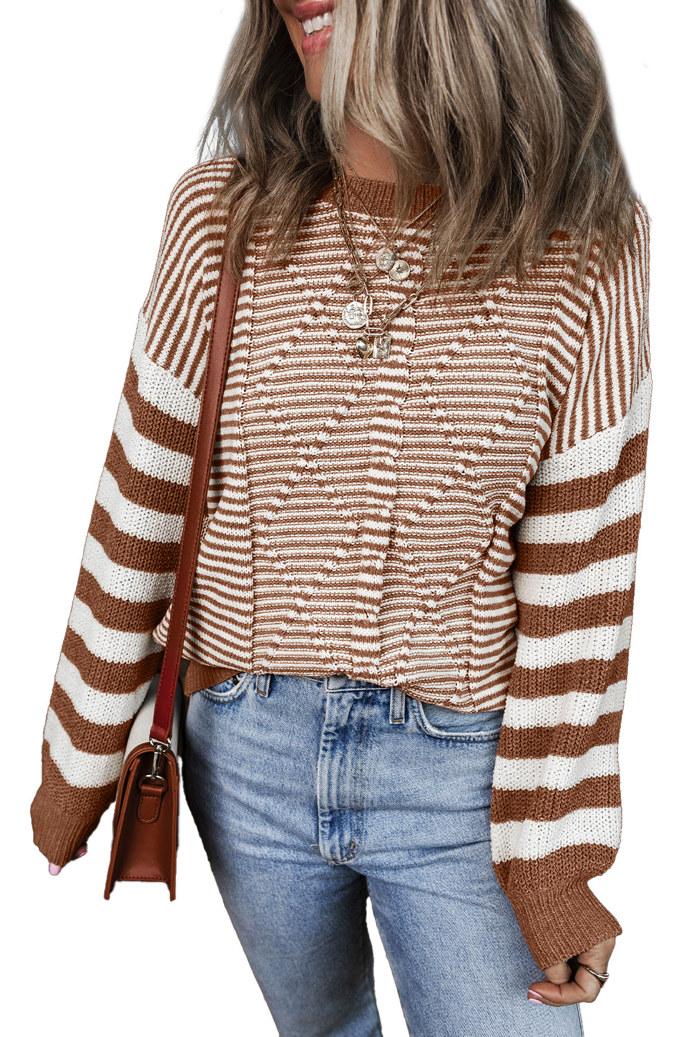 Gray Stripe Twisted Knitted Drop Shoulder Sweater