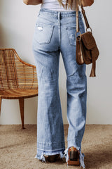 Blue Acid Wash Raw Hem High Waist Flared Jeans