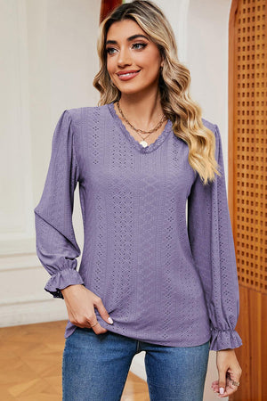 Eyelet V-Neck Flounce Sleeve T-Shirt - PD SECRET REALM