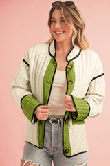 Green Stripe Colorblock Stand Neck Coat