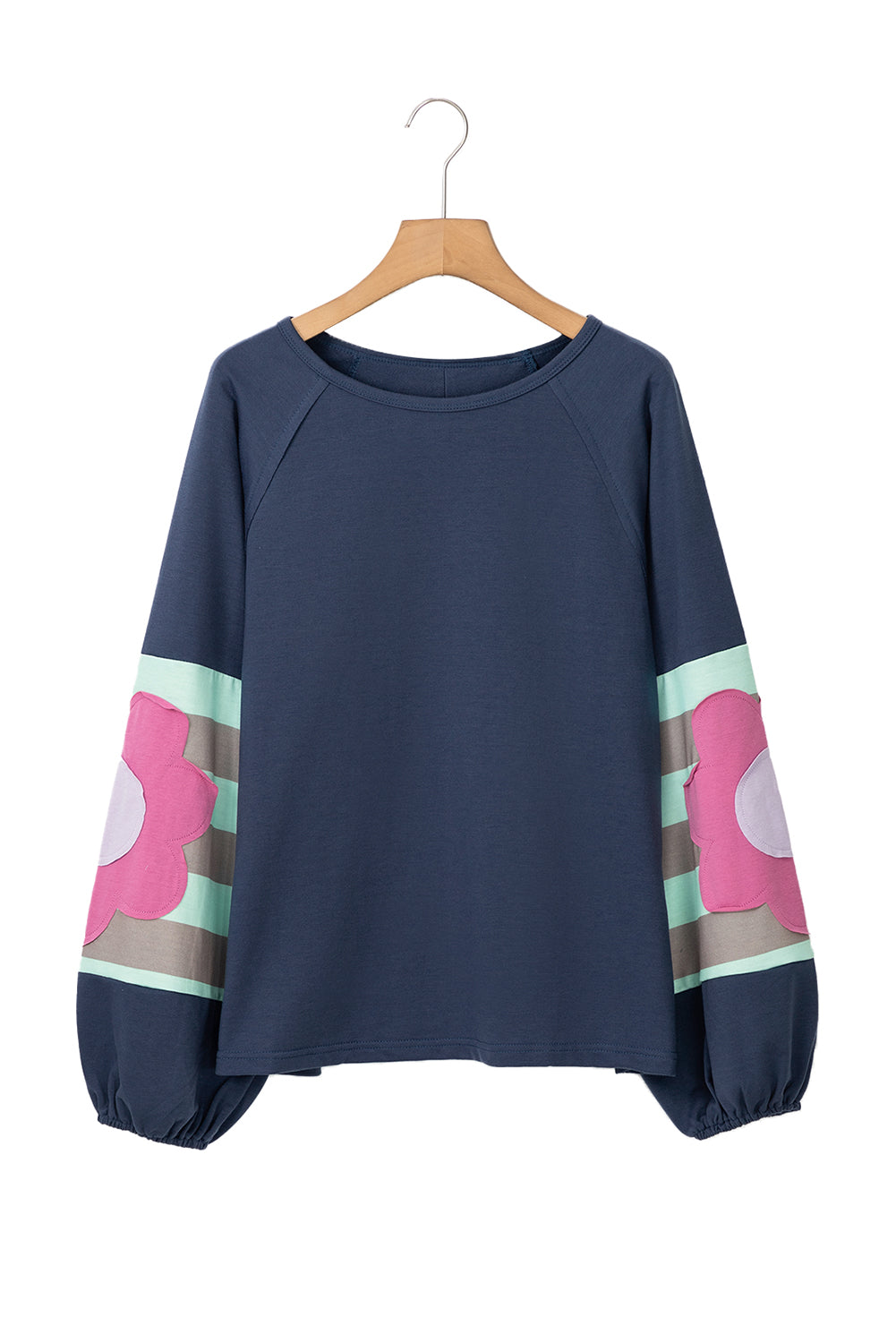 Sail Blue Flower Patchwork Exposed Seam Raglan Sleeve Top