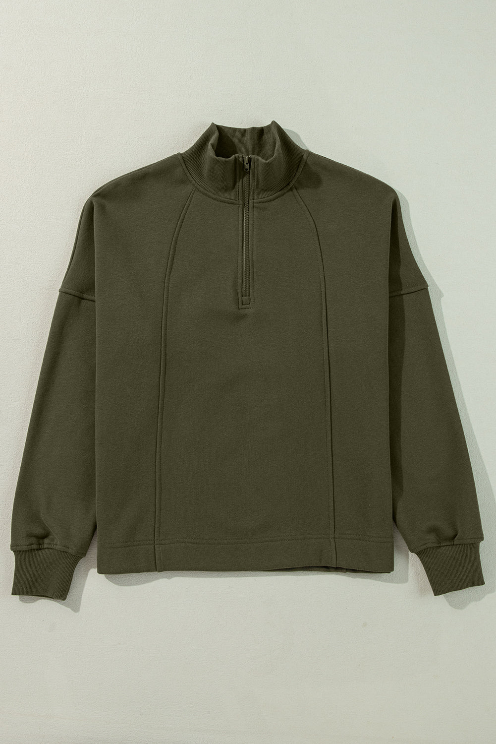 Jungle Green Zipper Collared Drop Shoulder Plain Sweatshirt