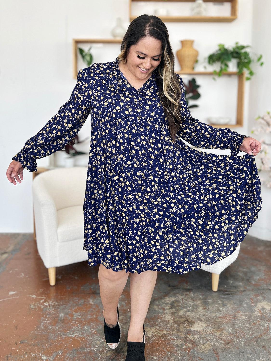 Full Size Printed Ruffle Hem Long Sleeve Tiered Dress