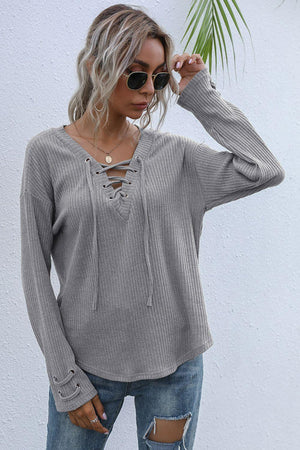 Perfee Lace-Up V-Neck Ribbed Top - PD SECRET REALM